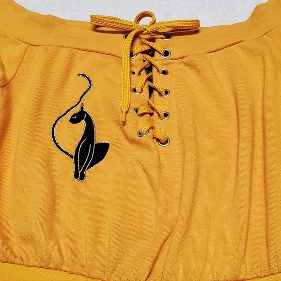VINTAGE 90s-Y2K Baby Phat Mustard Yellow Gold Spell Out Off-Shoulder Jumpsuit M - Picture 7 of 16